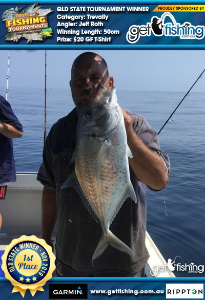 Trevally 50cm Jeff Roth Get Fishing $20 GF T-Shirt
